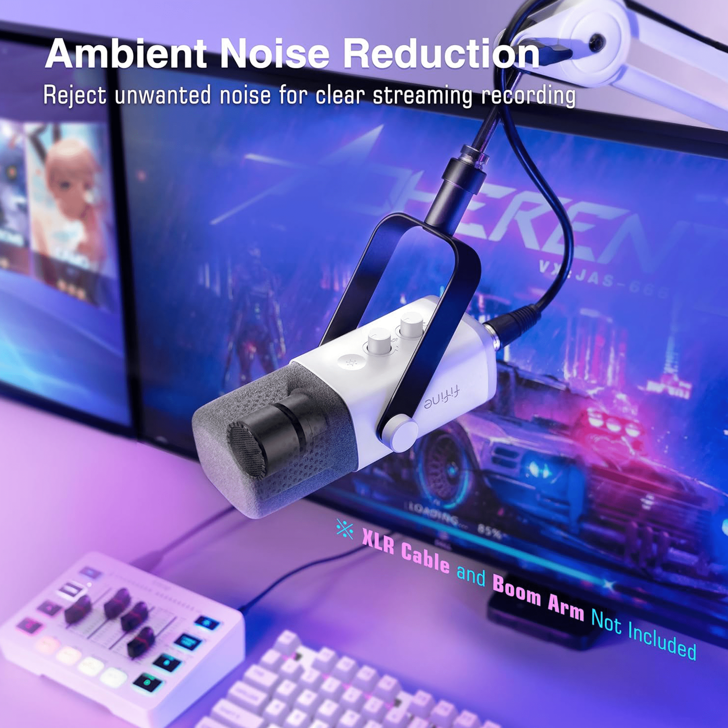 FIFINE AmpliGame AM8 ホワイト USB/XLR Dynamic Microphone with RGB, Touch-mute, I/O
