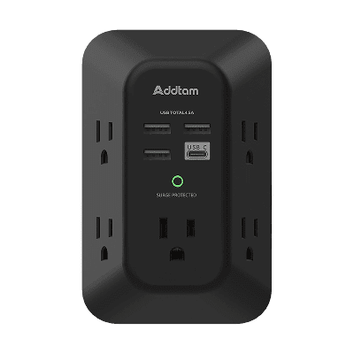 Addtam 5-Outlet Surge Protector with 4 USB Ports (1 USB-C) - Black, 1800J