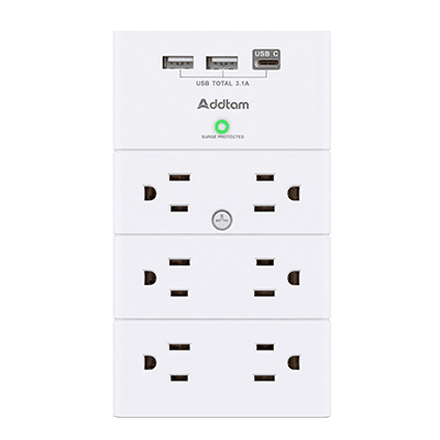 Addtam Surge Protector - 12 Outlets, 3 USB (1 USB-C, 2 USB-A) Charge Ports, 900J - White